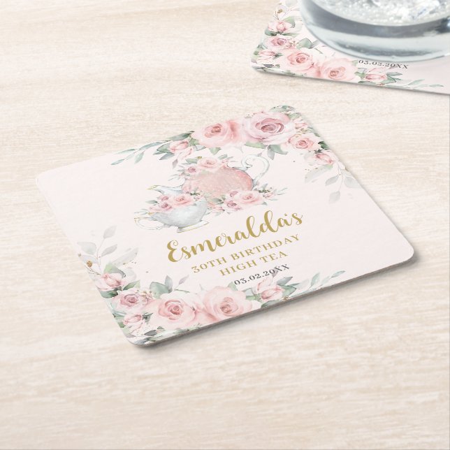 Shabby Chic Blush Floral High Tea Party Birthday  Square Paper Coaster (Angled)