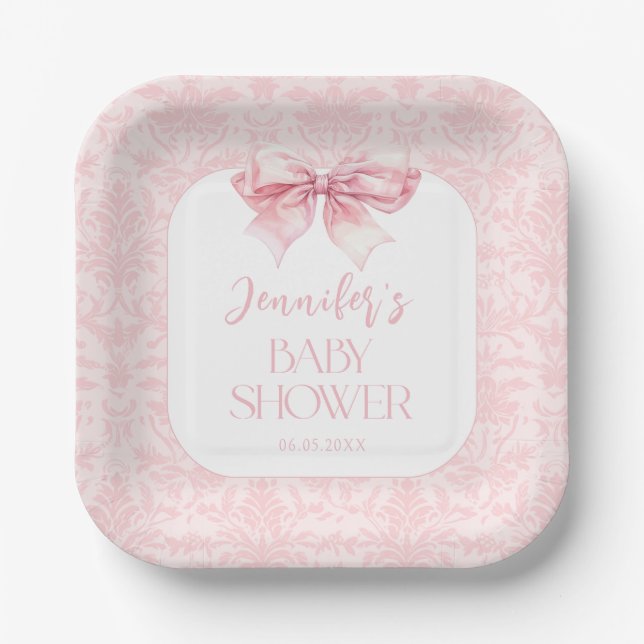 Shabby Chic Blush Pink Bow Baby Girl Shower Paper Plate (Front)