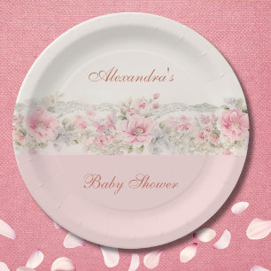 Shabby Chic Blush Pink Floral Baby Shower Paper Plate