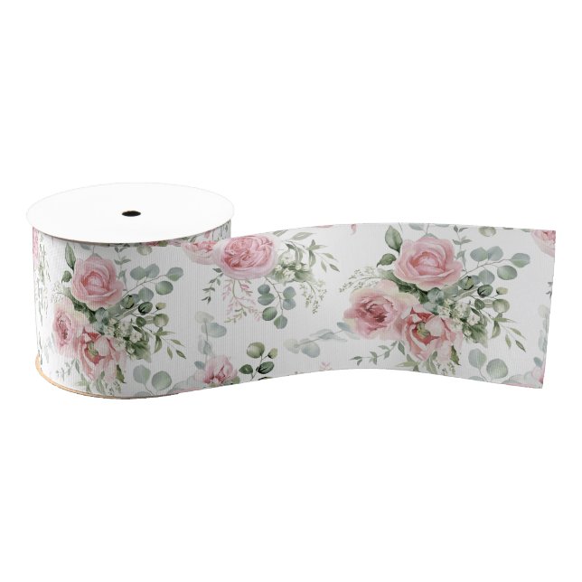 Shabby Chic Blush Pink Roses Eucalyptus Greenery  Grosgrain Ribbon (Spool)