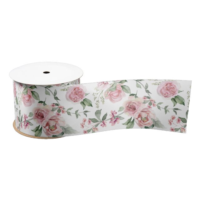 Shabby Chic Blush Pink Roses Eucalyptus Greenery  Satin Ribbon (Spool)