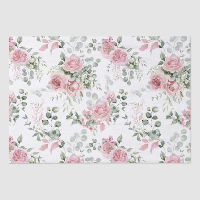 Shabby Chic Blush Pink Roses Eucalyptus Greenery  Tissue Paper (Front)