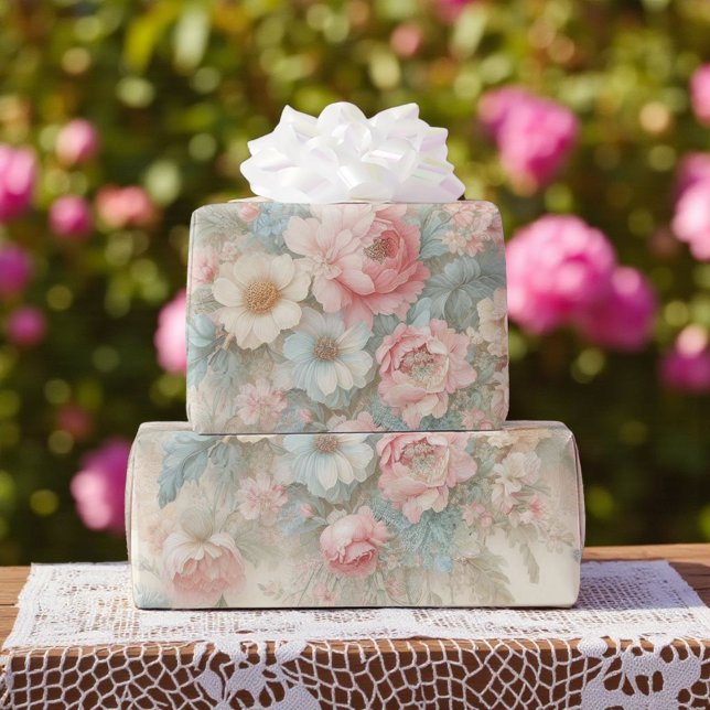 Shabby Chic Blush Pink Sage Green Boho Floral Rose Wrapping Paper (Creator Uploaded)