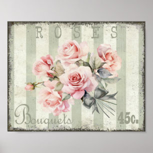 Shabby Chic Blush Rose Bouquets Sage Green Poster