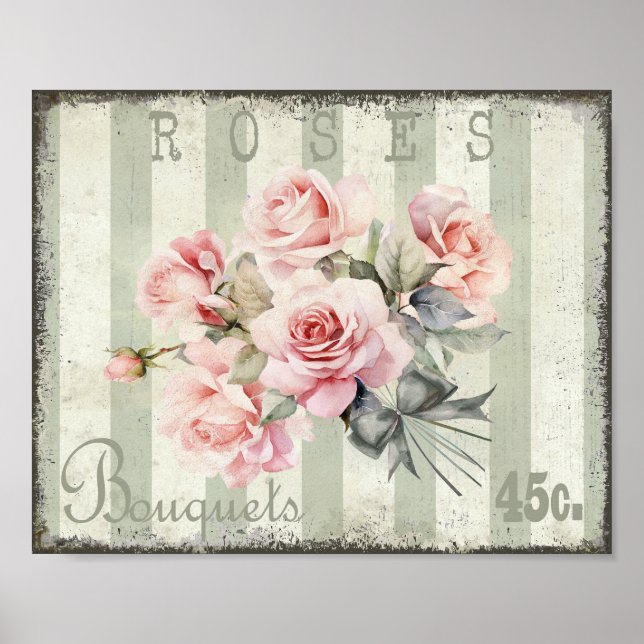 Shabby Chic Blush Rose Bouquets Sage Green Poster (Front)