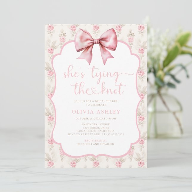 Shabby Chic Bow She's Tying the Knot Bridal Shower Invitation (Standing Front)
