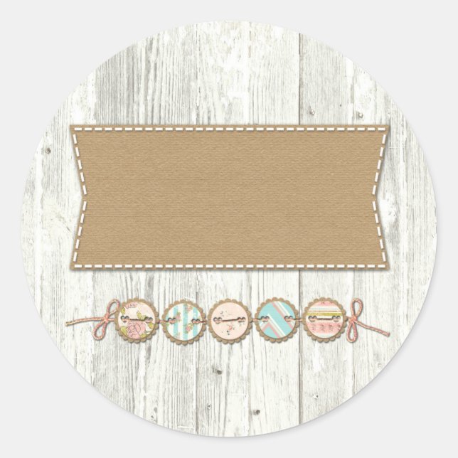 Shabby Chic Bunting on Rustic White Painted Wood Classic Round Sticker (Front)