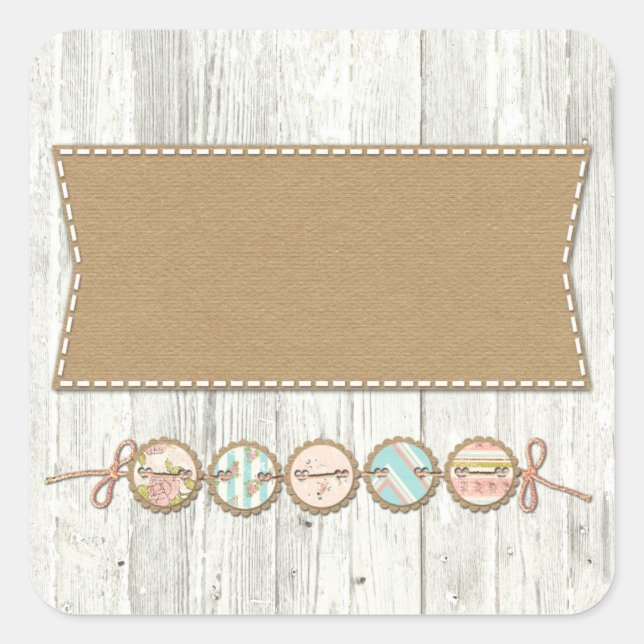 Shabby Chic Bunting on Rustic White Painted Wood Square Sticker (Front)