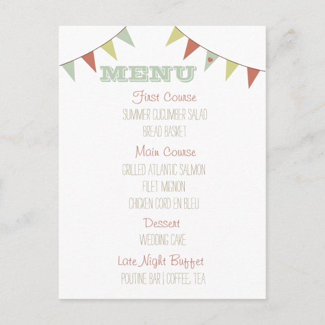 Shabby Chic Bunting Wedding Menu Postcard (Front)