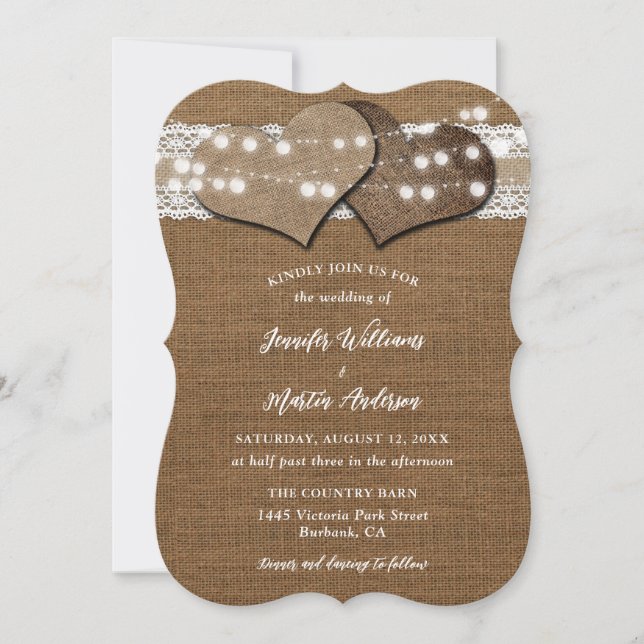 Shabby Chic Burlap and Lace Wedding Invitations (Front)