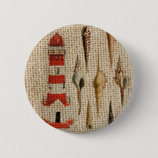 shabby chic burlap coastal seashell lighthouse 6 cm round badge (Front)