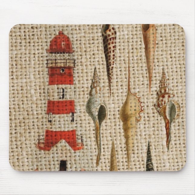 shabby chic burlap coastal seashell lighthouse mouse mat (Front)
