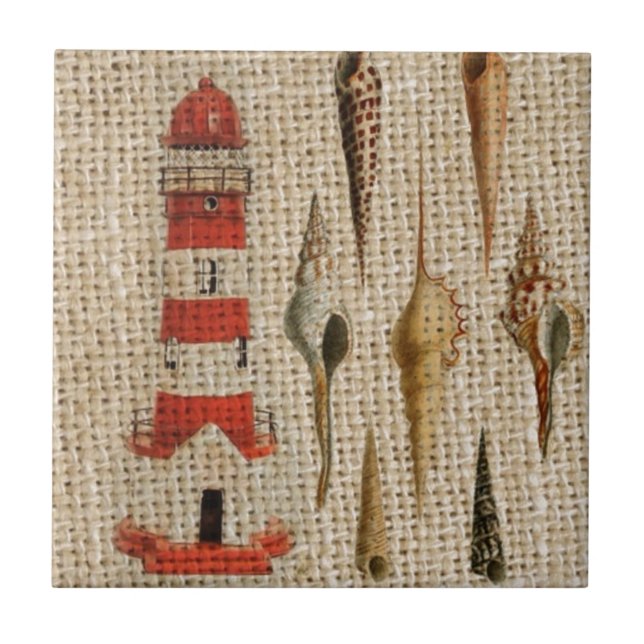 shabby chic burlap coastal seashell lighthouse tile (Front)