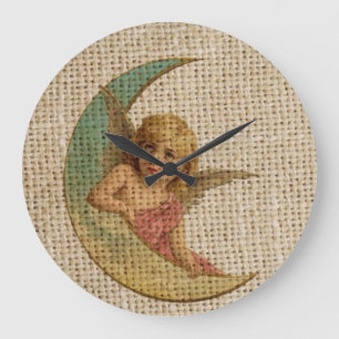 Shabby chic burlap crescent moon victorian angel large clock