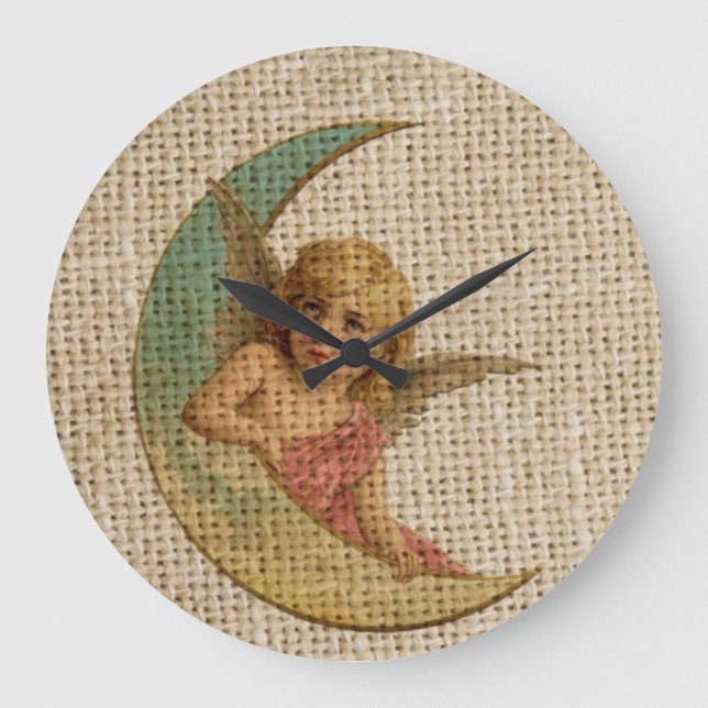 Shabby chic burlap crescent moon victorian angel large clock (Front)
