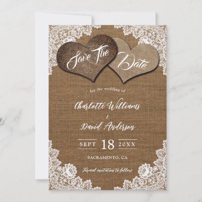 Shabby Chic Burlap Floral Lace Country Wedding Save The Date (Front)