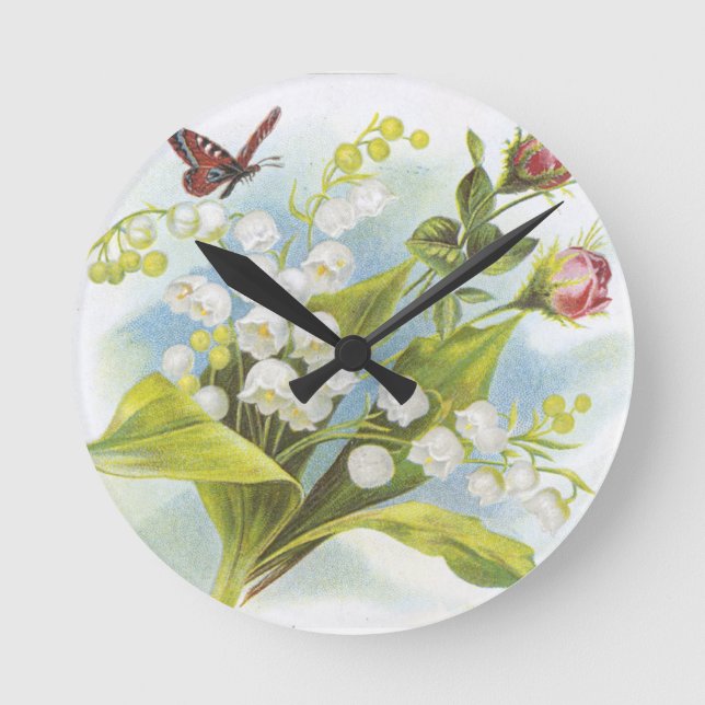 Shabby Chic Butterfly, Roses & Lily of the Valley Round Clock (Front)