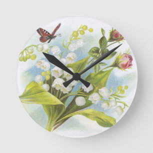 Shabby Chic Butterfly, Roses & Lily of the Valley Round Clock