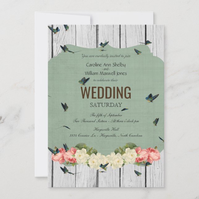 Shabby Chic Butterfly Wood Wedding Invitation (Front)
