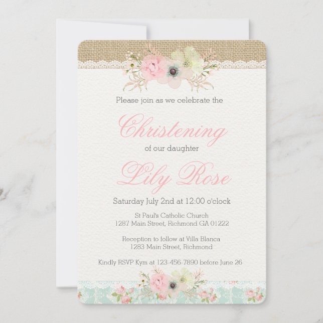 Shabby Chic Christening/Baptism Invitation (Front)