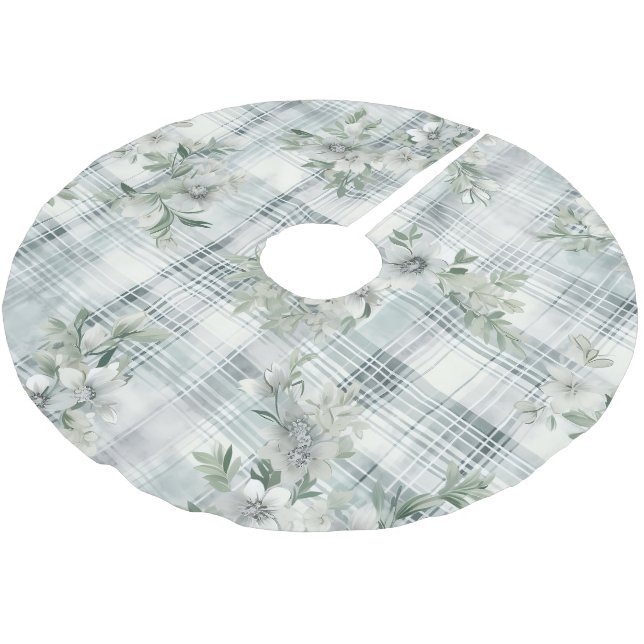 Shabby Chic Christmas Floral Green Plaid Brushed Polyester Tree Skirt (Angled)