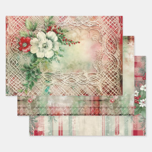 Shabby Chic Christmas Lace N Tartan Wrapping Paper Sheet