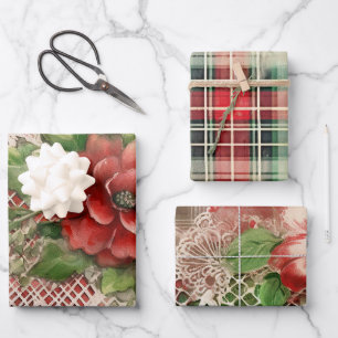 Shabby Chic Christmas Lace N Tartan Wrapping Paper Sheet