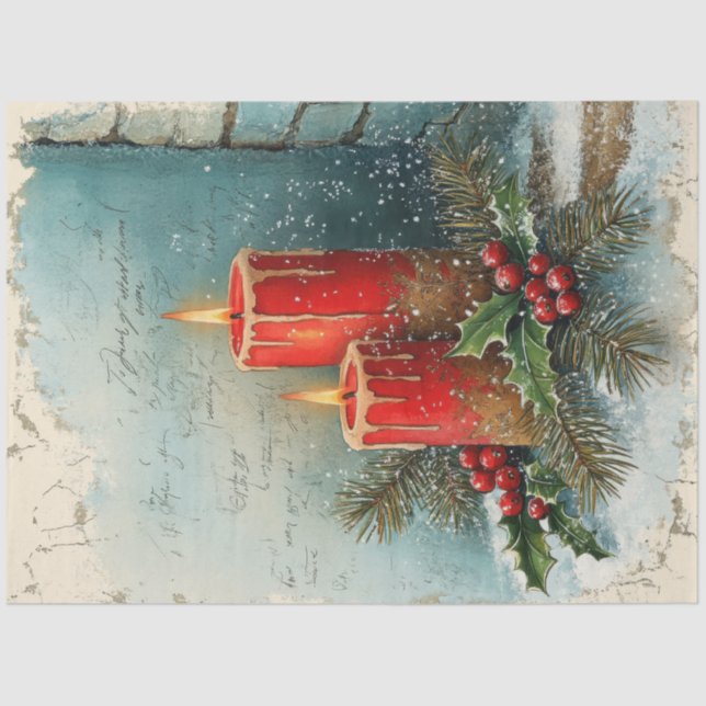 Shabby chic Christmas red candles holly berry Tissue Paper (Front)
