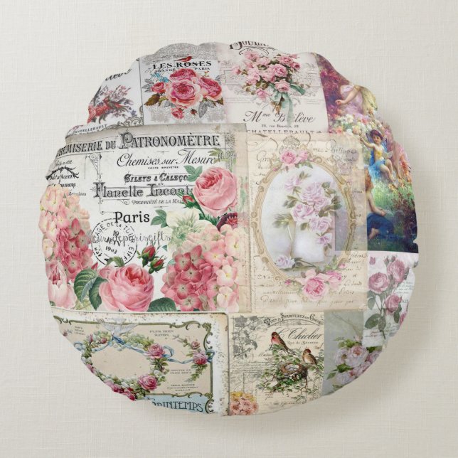 Shabby chic collage,country victorian,decoupage, b round cushion (Front)