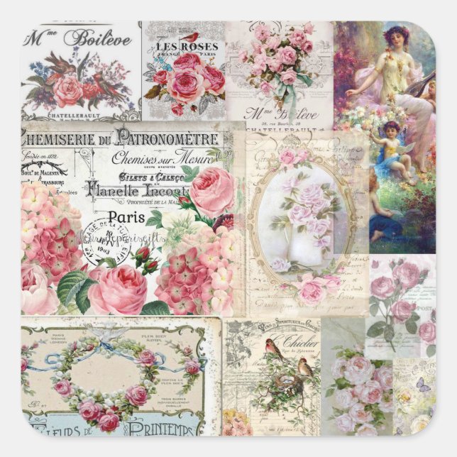 Shabby chic collage,country victorian,decoupage, b square sticker (Front)