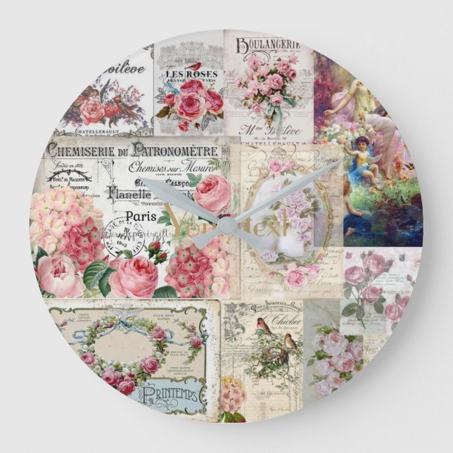 Shabby chic collage,country victorian,decoupage,mo large clock (Front)