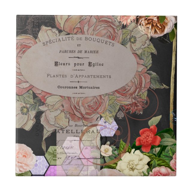 Shabby chic collage, French chic,country rustic,fl Tile (Front)