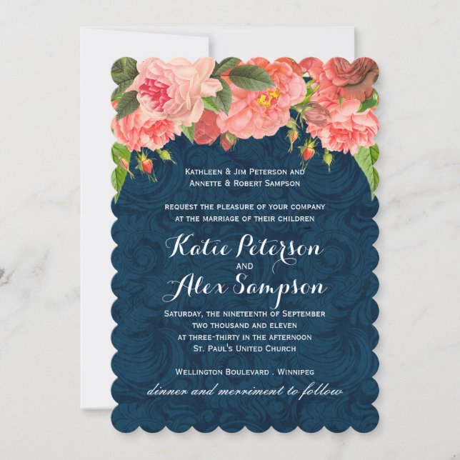 Shabby Chic Coral and Navy Blue Wedding Invitation (Front)