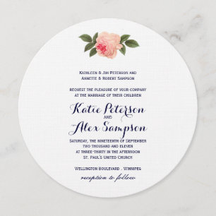 Shabby Chic Coral and Navy Blue Wedding Invitation