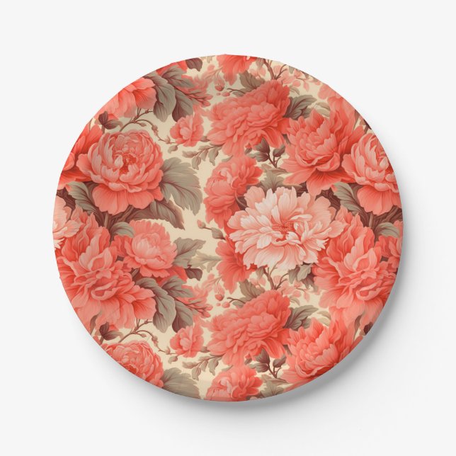 Shabby chic coral flowers paper plate (Front)