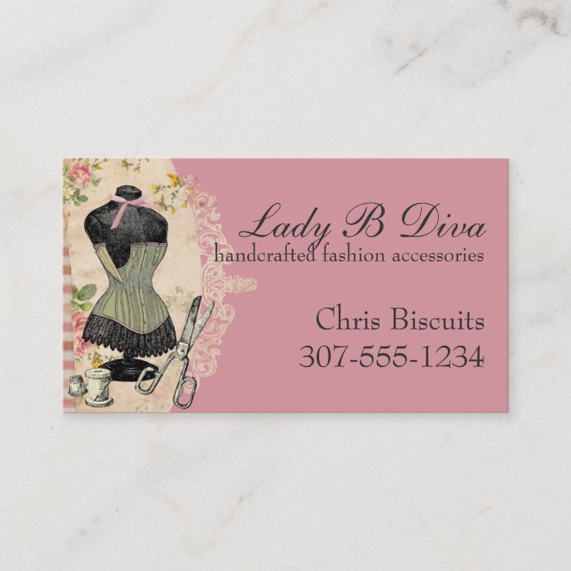 Shabby chic corset scissors sewing seamstress business card (Front)