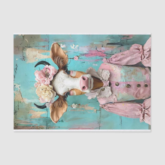 Shabby chic cow in soft pastel decoupage  tissue paper (Front)