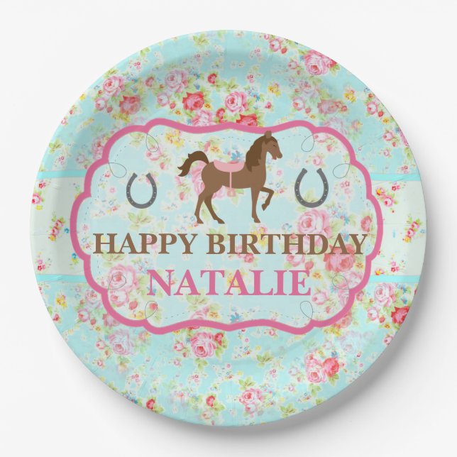 Shabby Chic Cowgirl Floral Pony Paper Plate (Front)