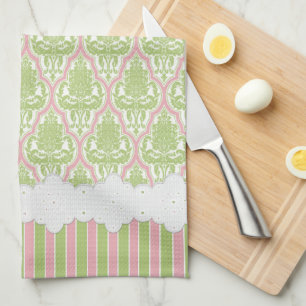 Shabby Chic Damask Green & Pink Tea Tea Towel
