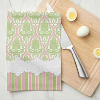 Shabby Chic Damask Green & Pink Tea Tea Towel