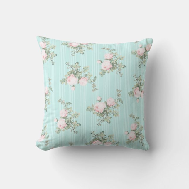 Shabby chic decor floral throw pillow pink mint (Front)
