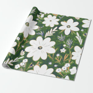 Shabby Chic Deep Green White Retro Daisy Pattern Wrapping Paper