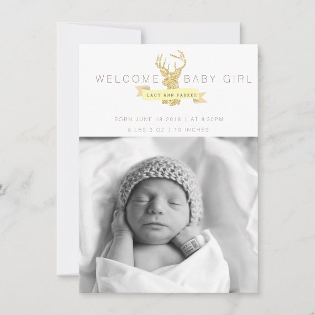 Shabby Chic Deer Birth Announcement Photo (Front)
