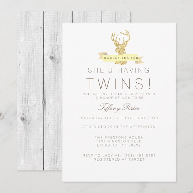 Shabby Chic Deer Twins Baby Shower Invitation (Front/Back)