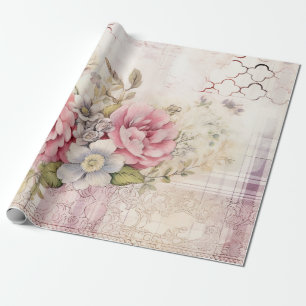 Shabby Chic Distressed Christmas Floral Tartan Wrapping Paper