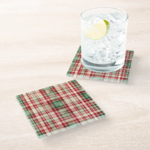Shabby Chic Distressed Christmas Tartan Glass Coaster