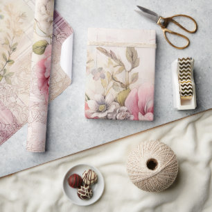 Shabby Chic Distressed Pink Christmas Lace Floral Wrapping Paper