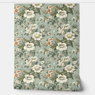 Shabby chic dusty green white vintage flowers wallpaper
