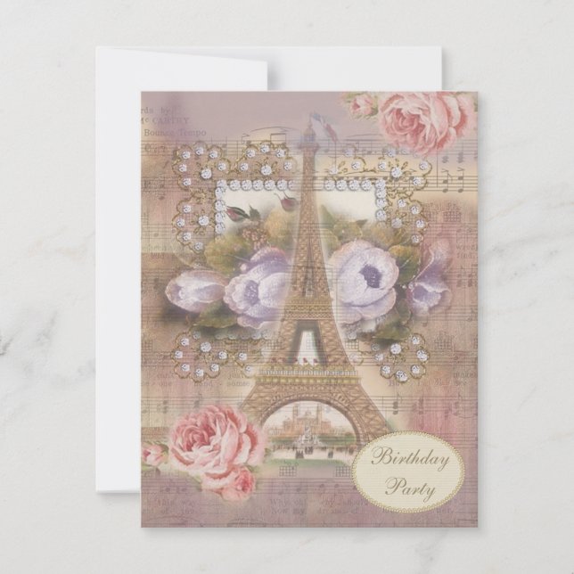 Shabby Chic Eiffel Tower Floral Birthday Party Invitation (Front)