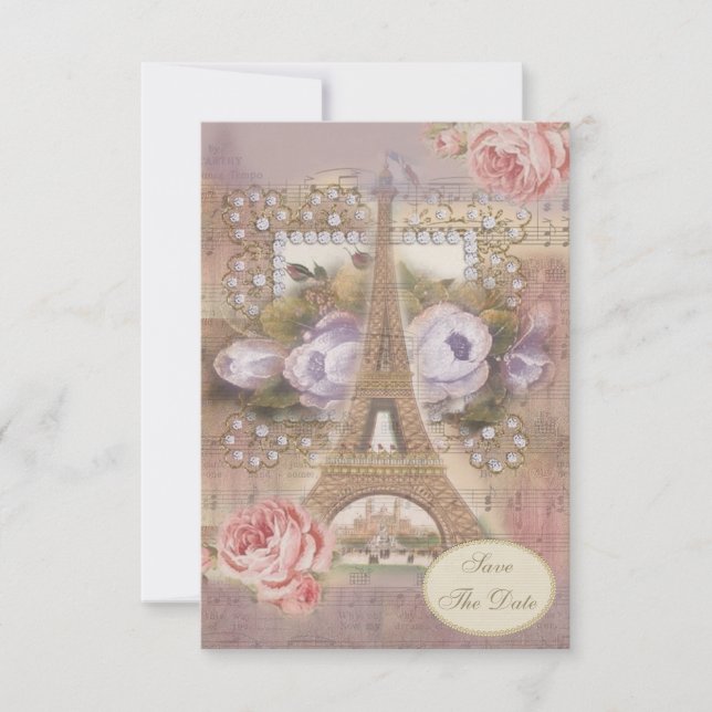 Shabby Chic Eiffel Tower Floral Save the Date Invitation (Front)